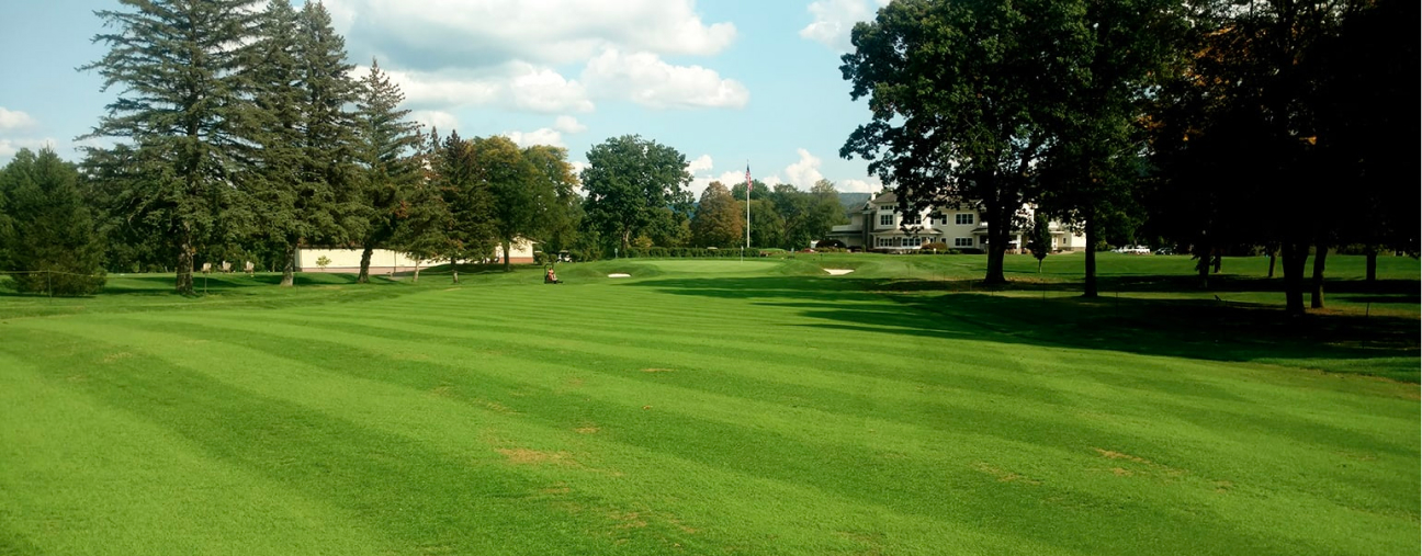 A diagonal cut golf fairway lined with trees leads off into the distance